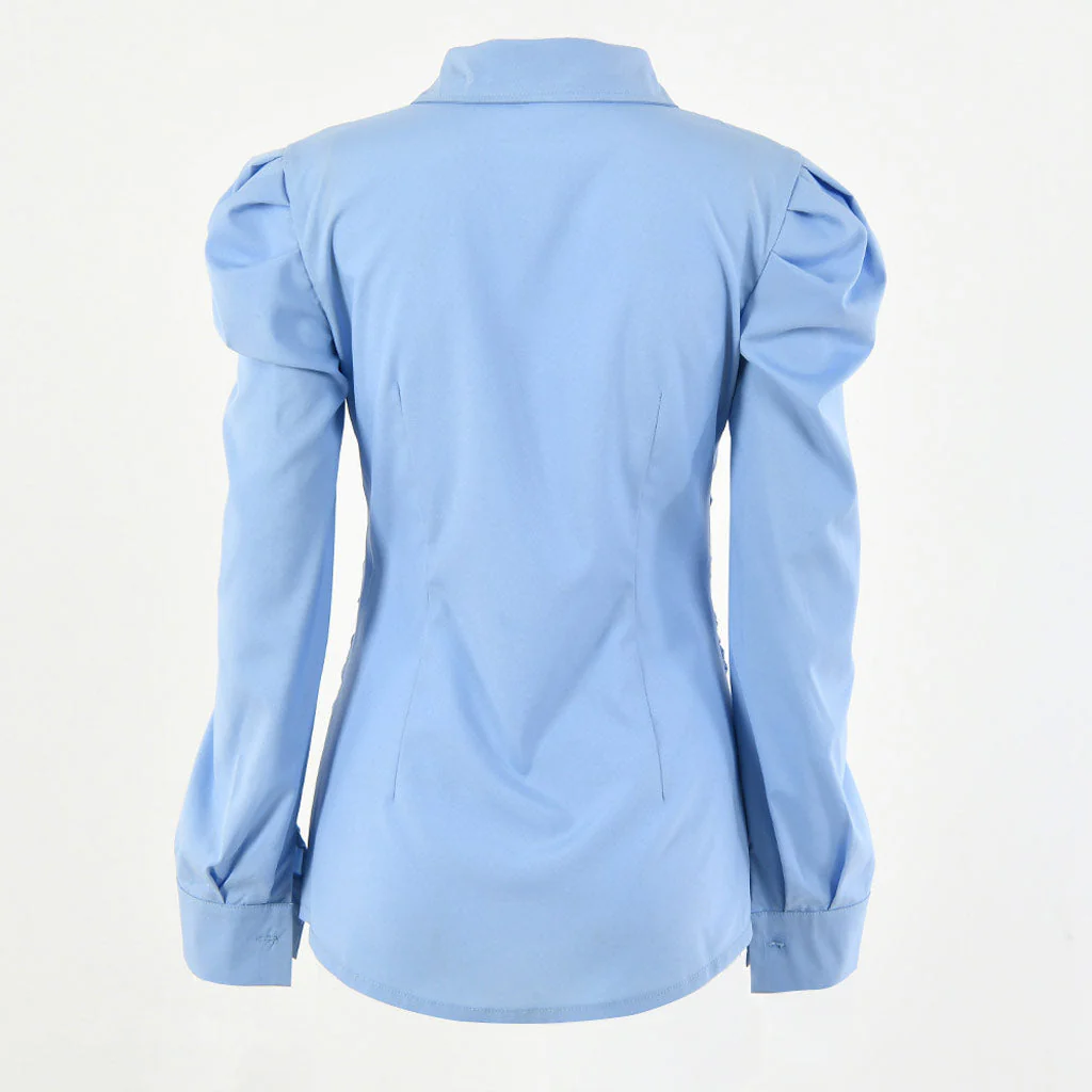 Unique Puff Sleeve Collared Button Down Ruched Shirt - Blue - Image 4
