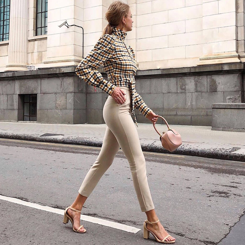 Vintage High Neck Bishop Sleeve Backless Crop Plaid Blouse - Yellow - Image 4