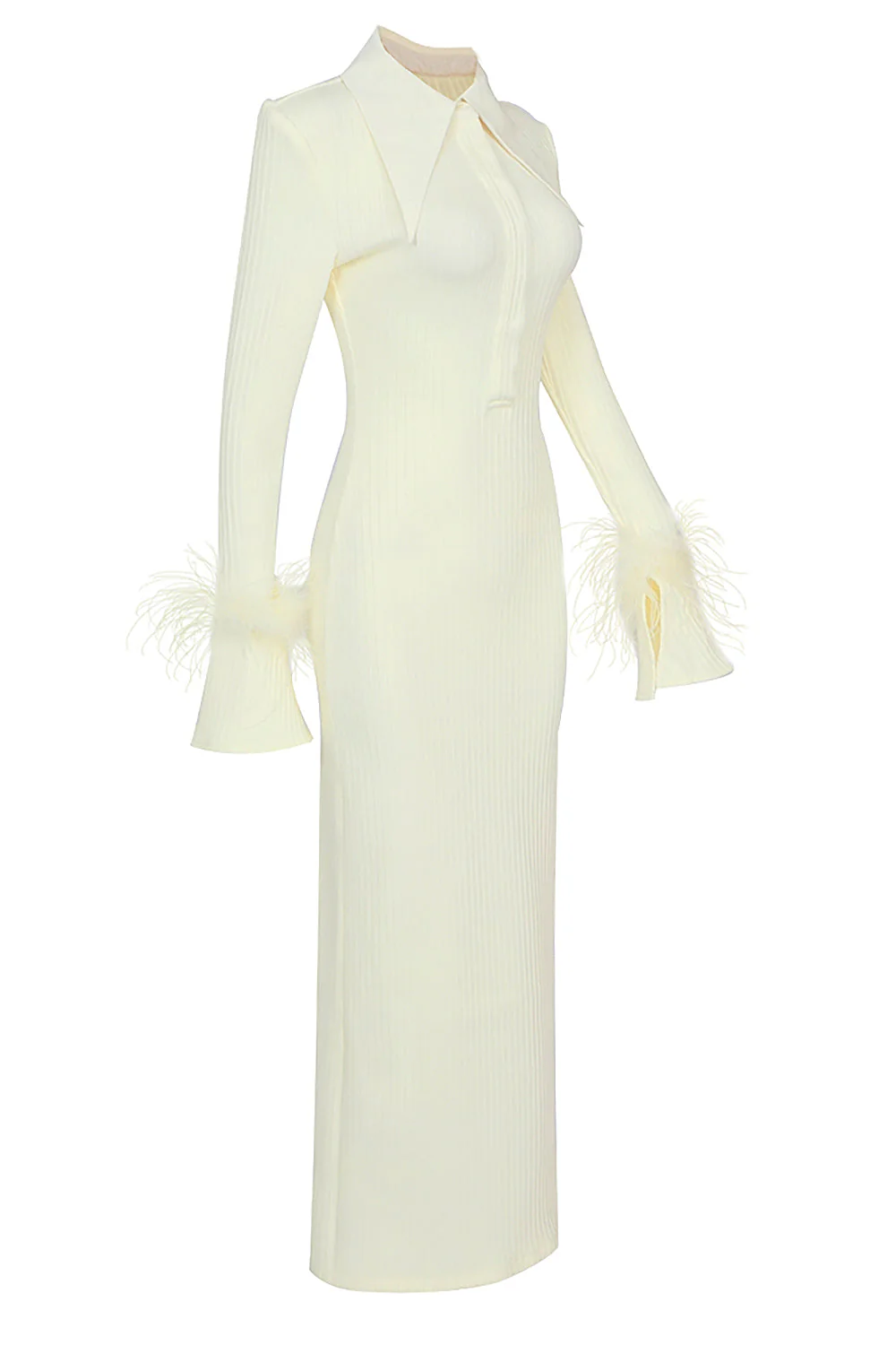 Yellow Long Sleeve STAnd COLLAR Feather Maxi Dress - Image 12