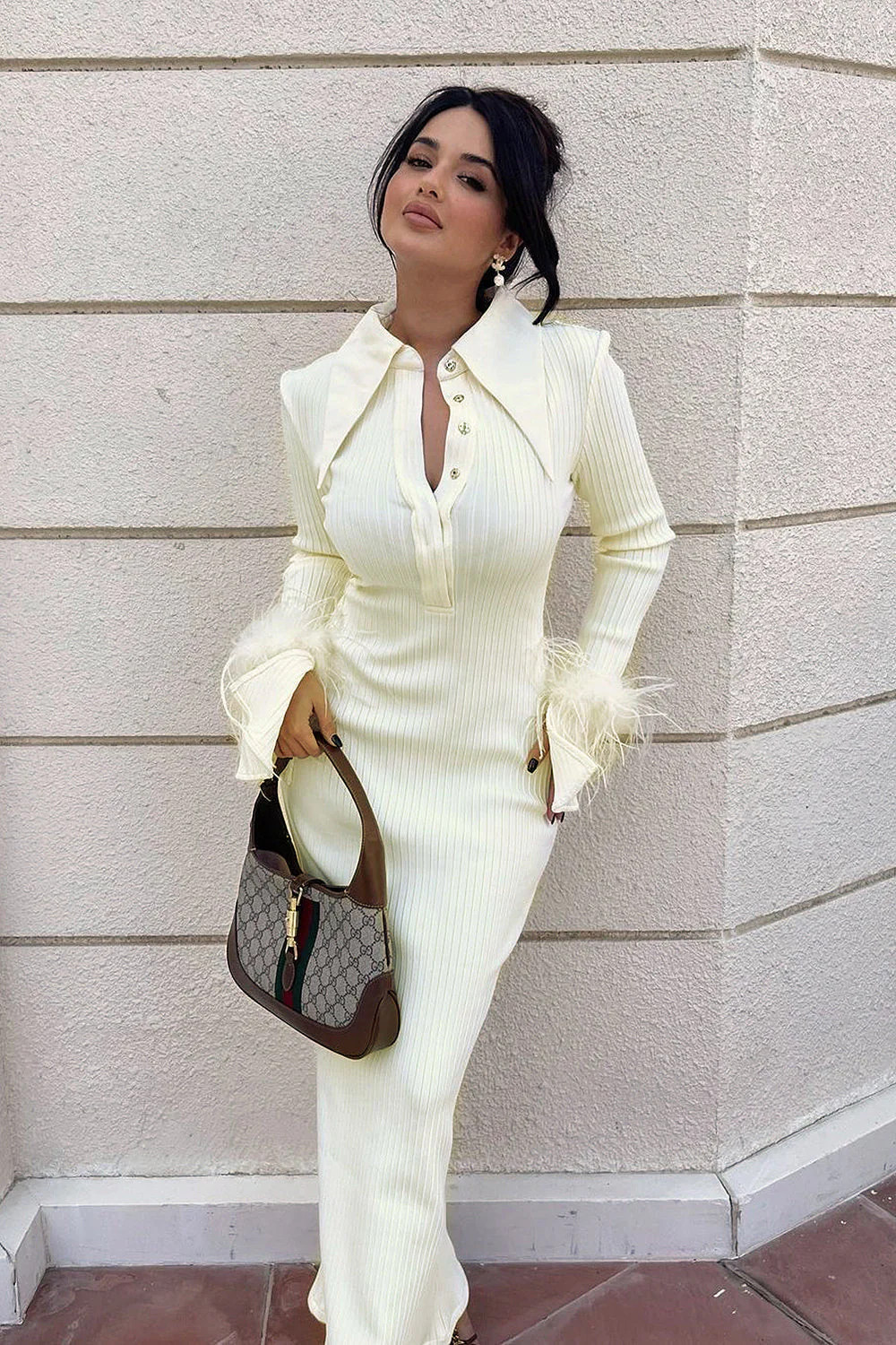 Yellow Long Sleeve STAnd COLLAR Feather Maxi Dress - Image 8