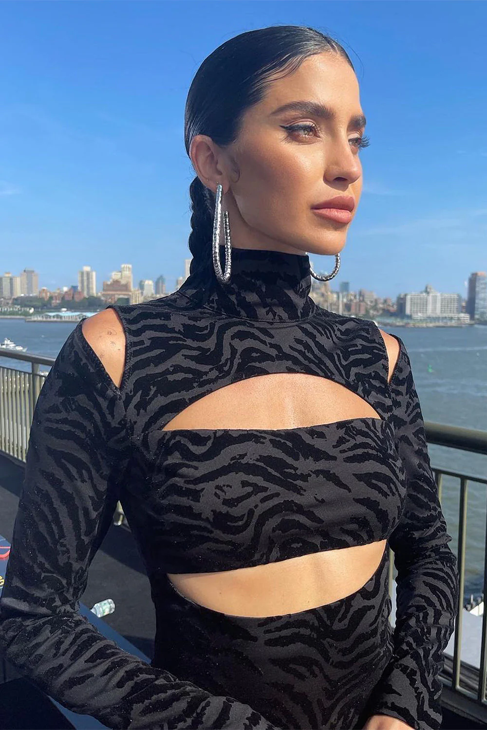 ZeBra Striped Turtle Neck Hollow Out Long Sleeves Dress - Image 4